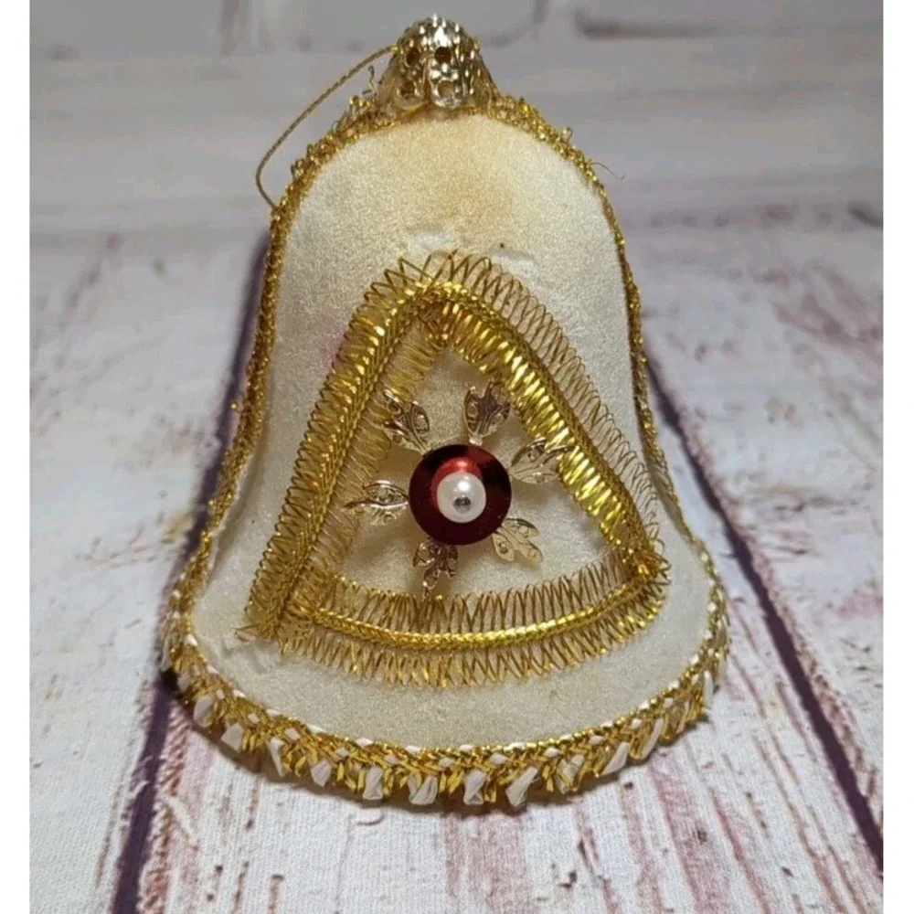 Vintage White Flocked Bell Christmas‎ Ornaments Ribbons Gold Trim 2-1/2
